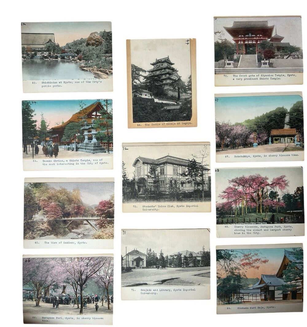 11 Antique Japanese Pictorial Photo Postcards Kyoto c1910 Hand-tinted Mounted
